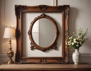 Elegant Frames with White Flowers on Wooden Cabinet Featuring Intricate Carvings against Soft Lit Background