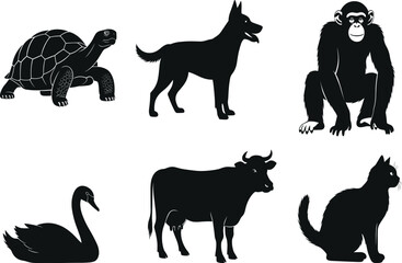 Animal silhouette set, domestic, wild, reptile, and bird vector icons, tortoise, dog, chimpanzee, swan, cow, cat, black design