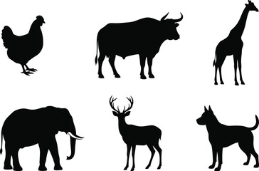 Animal silhouette set, farm and wild vector icons, chicken, bull, giraffe, elephant, deer, dog, black graphic design