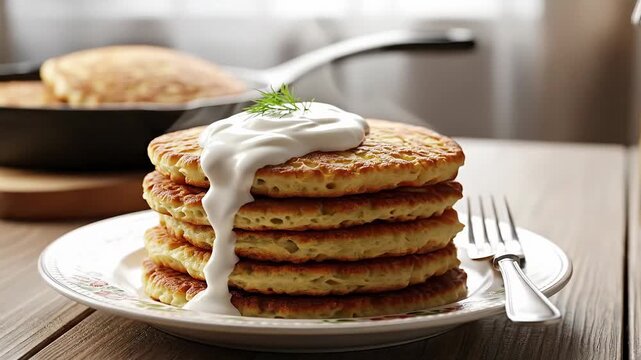 A delicious hot stack of traditional potato pancakes, draniki, steaming with sour cream and fresh dill on a plate for breakfast