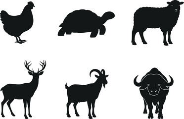 Animal silhouette set, farm, wild, and reptile vector icons, chicken, tortoise, sheep, deer, goat, buffalo, black design