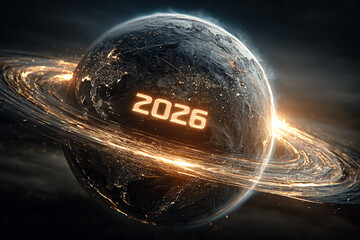 glowing planet with rings and 2026 text