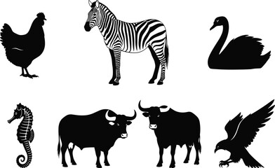 Animal silhouette set, farm, wild, aquatic, and bird vector icons, chicken, zebra, swan, seahorse, bull, eagle, black design