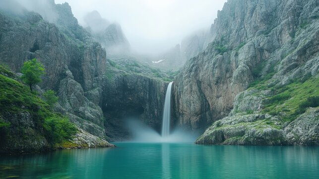 Misty mountain lake with waterfall