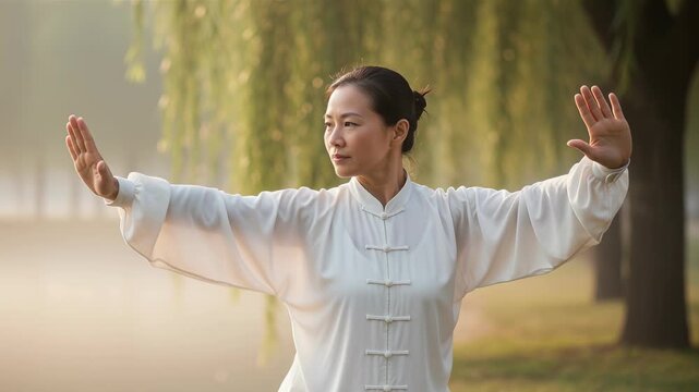 Asian woman practicing tai chi or qigong exercise in park with morning sunlight background