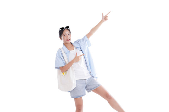 Young Woman's Forward Gaze: A dynamic young woman with sunglasses, a tote bag, and a cheerful expression confidently points towards the bright future and adventure.
