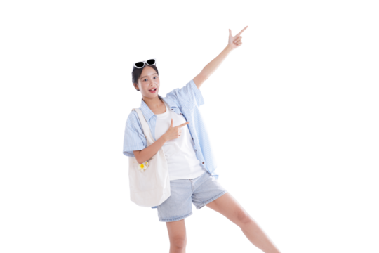 Young Woman's Forward Gaze: A dynamic young woman with sunglasses, a tote bag, and a cheerful expression confidently points towards the bright future and adventure.