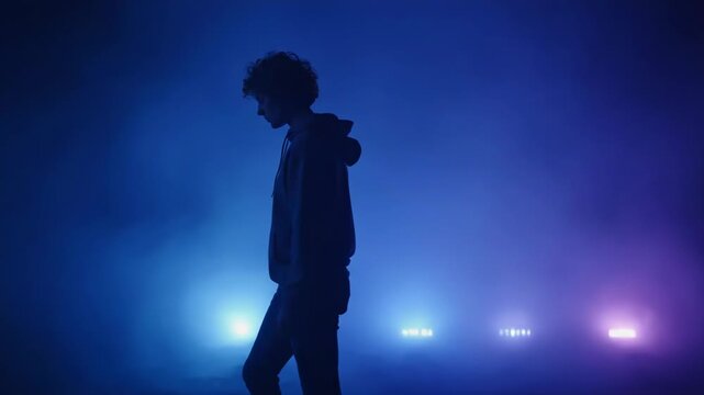 A young person in a hoodie walks through a mysterious, foggy blue and purple lit atmosphere.