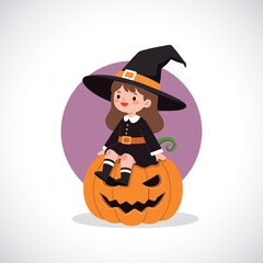 Cute Little Witch Sitting on Pumpkin &ndash; Halloween Illustration