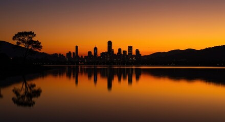 Fototapeta premium Cityscape Silhouette at Sunset - Golden Reflections on Calm Water, Tranquil Urban Beauty.