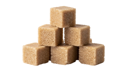 Stack of six brown sugar cubes, with granulated texture, isolated on white or transparent background, AI