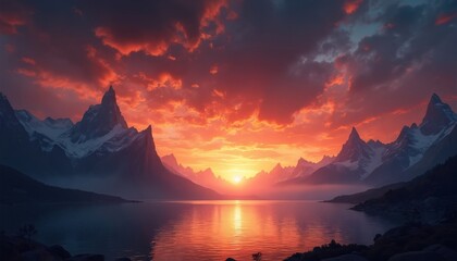 Majestic mountains rise above calm lake waters reflecting fiery sunset sky. Dramatic orange and red clouds create a breathtaking natural scene during twilight hour.