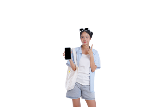 Smartphone Show and Joyful Expression: A cheerful person, showcasing a smartphone with a blank screen, flashes a victory sign, conveying a sense of delight and approval.