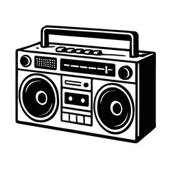 Stylized Vector Line Art of a Vintage Boombox, an Iconic 1980s Portable Stereo Cassette Player with Prominent Speakers, Top Handle, and Detailed Controls, Evoking Retro Music, Hip Hop Culture, and Cla