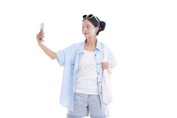 Capturing the Moment: A woman with sunglasses takes a selfie, capturing a carefree moment and radiating a vibe of youthful joy and optimism.