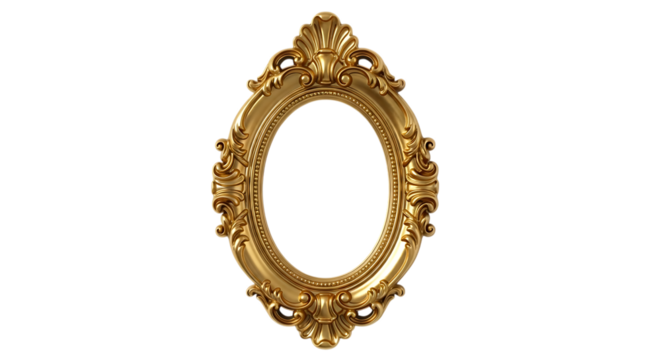 Ornate oval gold picture frame, with decorative scrollwork and shell motif, isolated on white or transparent background, AI