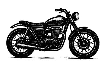 Fototapeta premium Black silhouette vintage motorcycle illustration. Classic cafe racer design with detailed engine, spoked wheels, fuel tank, exhaust pipe. Perfect for retro graphic design, digital art, prints, merchan