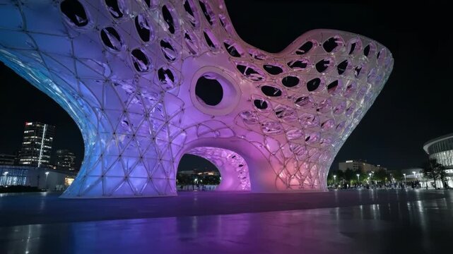 An illuminated modern architectural structure with a complex geometric design glows vibrant purple and blue at night.