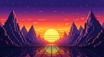 Pixel Art Retro Sunset Landscape with Mountains and Grid Floor