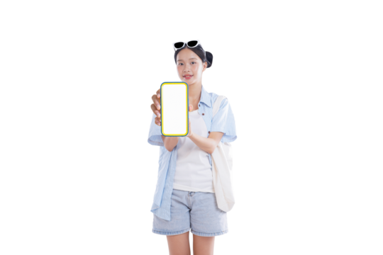 Mobile Interface Showcase: A stylish woman presents a sleek smartphone with a bright, inviting screen, ready to showcase a user-friendly interface.