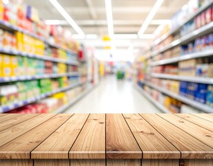 Wooden tabletop with blurred grocery store aisle background