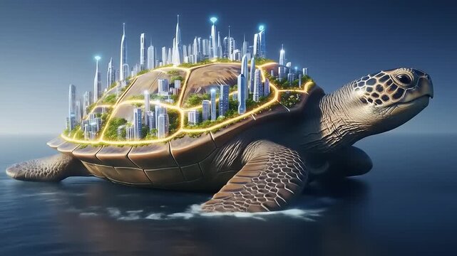 Futuristic City on a Turtles Back A Surreal Digital Art Piece.