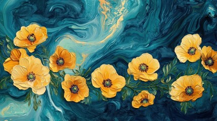 Yellow poppies on teal marbled background.  Possible wall decor