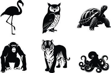 Animal silhouette set, flamingo, owl, tortoise, chimpanzee, tiger, octopus, black and white vector, wildlife clipart, isolated icons, commercial use