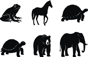 Animal silhouette set, frog, horse, tortoise, bear, elephant, black vector icons, wildlife clipart, isolated shapes, commercial use