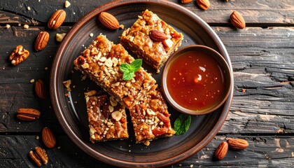 Healthy granola bars with nuts and seeds served with sweet sauce on a rustic wooden table a top down view with soft natural light