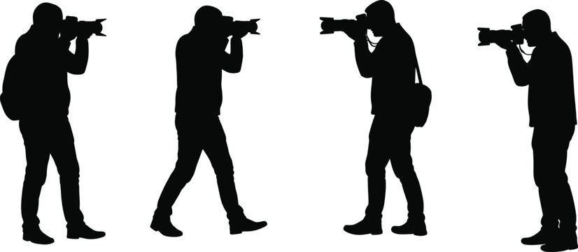 Photographer silhouette taking photos with camera, professional photography concept, man shooting pictures with DSLR camera, black vector illustration design