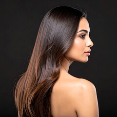 Woman with long, flowing, dark brown hair, side profile