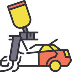 Illustration of a car being painted with a spray gun yellow and red colors on a transparent background flat design long shadow