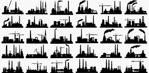 Obraz premium A collection of black silhouettes depicting various industrial factories, plants, and construction sites on a transparent background.