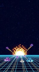 Retro Gaming Pixel Art Spaceships and Cosmic Battle in a Grid-like Universe - A Pixel Art Aesthetic