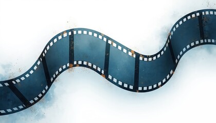 Fototapeta premium Wavy film strip with perforations and vintage texture passes across a light background. This abstract cinematic element is perfect for projects about movies, nostalgia, or creative media production.