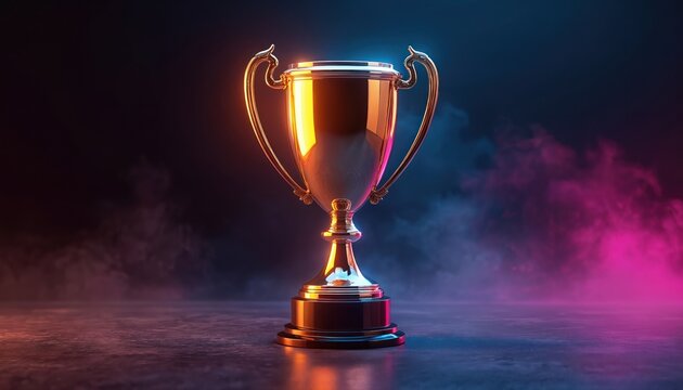 Shiny gold trophy stands on dark floor. Neon blue, pink light creates smoke effect. Cup represents success, victory, competition, achievement, prize, champion, winner award. Signifies leader status,