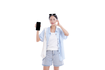 Modern Gadget Display: A cheerful young woman in casual attire holds a smartphone with a blank screen, gesturing a symbol of approval.
