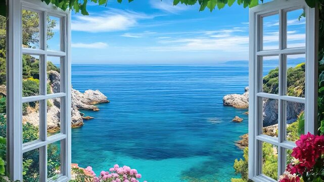 A window with a clear view of the ocean, perfect for beach or coastal themed designs