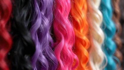 Assortment of vibrant wavy hair extensions in various colors like red, black, purple, pink, orange, blonde, and blue. Synthetic strands have glossy finish, ideal for hair salons or creative styling.