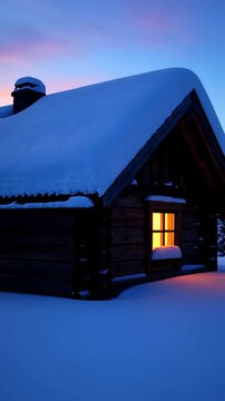 Vertical video of a cozy cabin in the snow at night. Warm light glows from a window in a rustic log home during the winter solstice. Start of winter concept