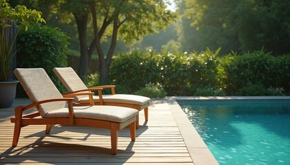 Obraz premium Two modern woven sun loungers sit on wooden deck beside blue swimming pool. Rich green trees and bushes surround peaceful oasis. Sunny day, perfect relaxation spot.