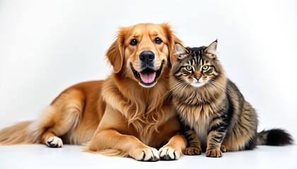 Golden retriever, fluffy cat sit together peacefully on white studio background. Friendly dog looks at camera with happy, open mouth, pink tongue showing. Tabby cat with green eyes sits alertly