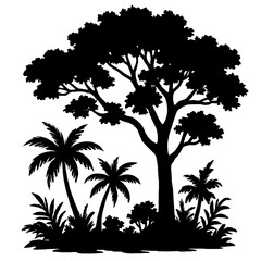 Stunning Tropical Jungle Forest Silhouette Vector Art - Lush Nature Scene with Diverse Trees, Palm Plants, and Exotic Foliage - Perfect for Graphic Design, Print, Web, and Decorative Projects, Illustr