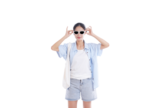 Radiant Style: A young woman's confident pose with stylish eyewear under the clear sky, offering a refreshing view of self-expression.  - Powered by Adobe