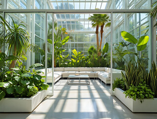 Sunlit Conservatory with White Sofa and Lush Tropical Plants greenhouse sunroom isolated on a transparent background