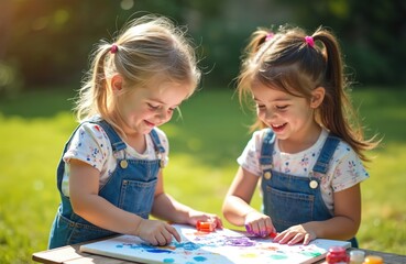 Fototapeta premium Two little sisters paint with fingers outside on sunny day. Young girls enjoy art activity on grass. Kids create colorful picture with paints and paper.