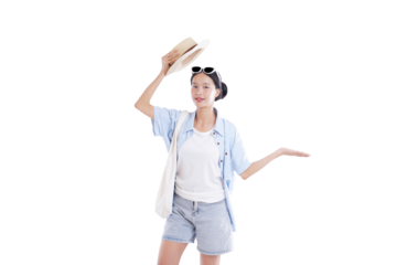 Summer Traveler: A young woman on a sunlit journey, showcasing her sun hat and embracing the essence of travel, ready for adventure, and displaying a joyful spirit