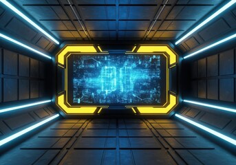 Futuristic digital tunnel with glowing blue and yellow geometric patterns on a central screen