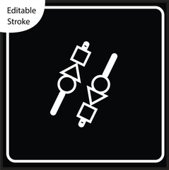 Minimalist outline icon depicting two grilled food skewers, featuring simple geometric shapes. The clean white line on a black background is perfect for dark mode interfaces, culinary websites,hotel